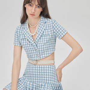 Two Piece Tweed Double-Breasted Collared Crop Top and Plaid Mini Skirt
